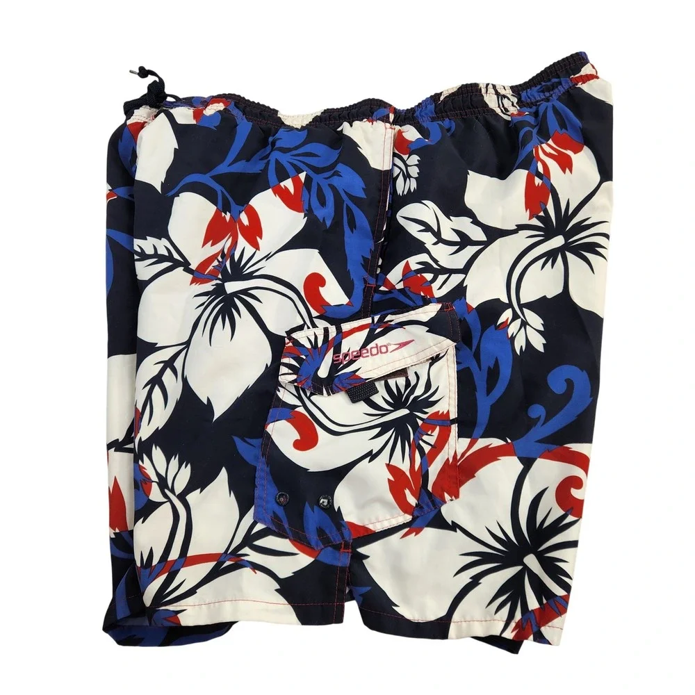 Speedo Mens XL Swim Trunks Red White Blue Tropical Floral Board Shorts‎ Pocket